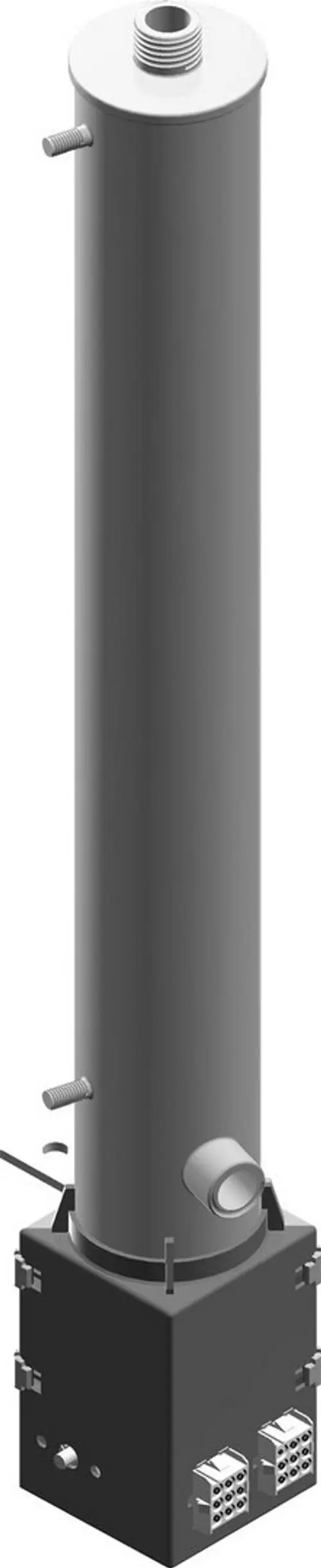 BOSCH Elektroheizung mit zylindrischem Design, oberem Anschluss und seitlichen Kontakten, montiert auf einem quadratischen Sockel.